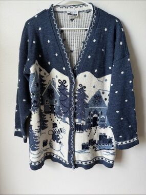 Cozy Winter Village Cardigan Sweater - Navy & Cream Sz M